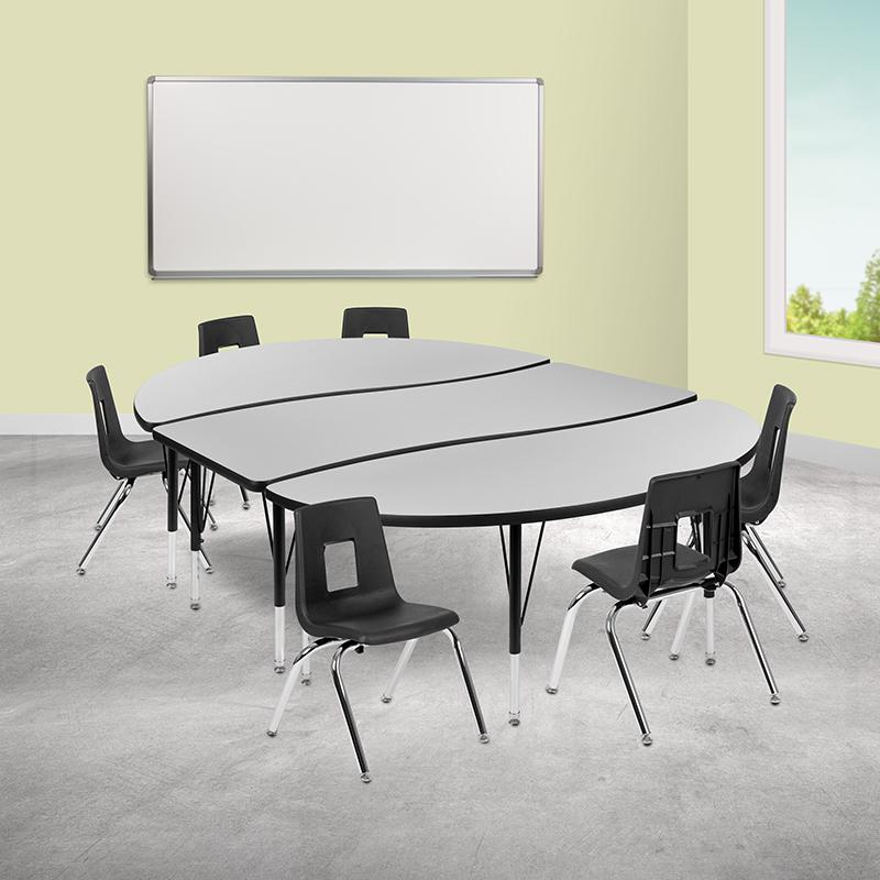 86" Oval Wave Activity Table Set with 14" Student Stack Chairs, Grey/Black. Picture 1