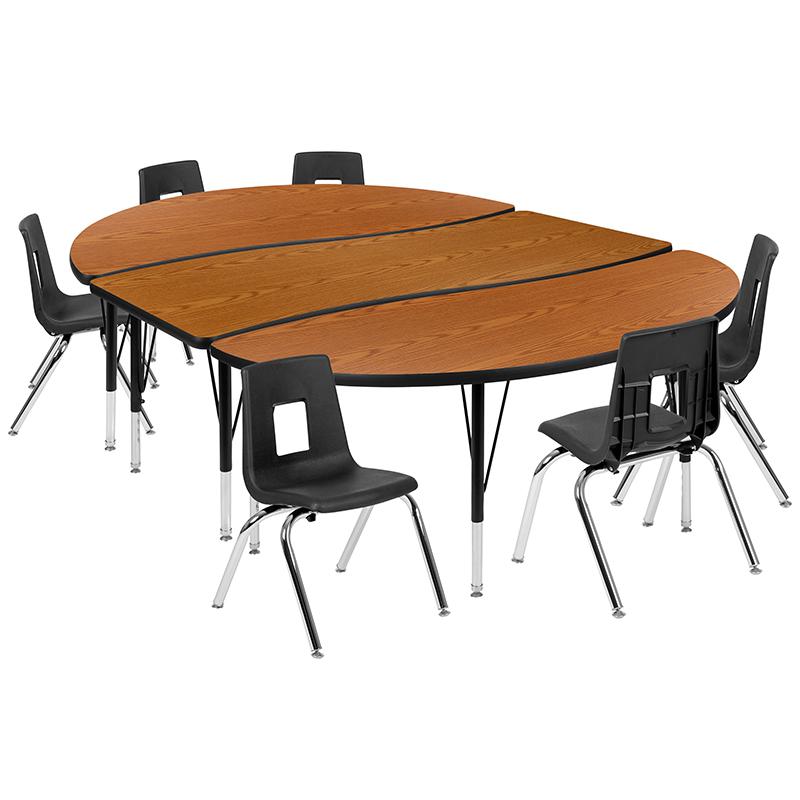86" Oval Wave Activity Table Set with 14" Student Stack Chairs, Oak/Black. Picture 2