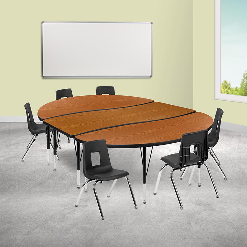 86" Oval Wave Activity Table Set with 14" Student Stack Chairs, Oak/Black. Picture 1