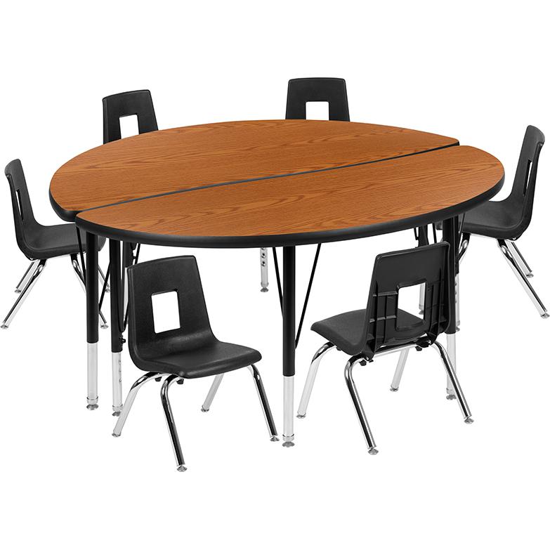 47.5" Circle Wave Activity Table Set with 14" Student Stack Chairs, Oak/Black. Picture 2