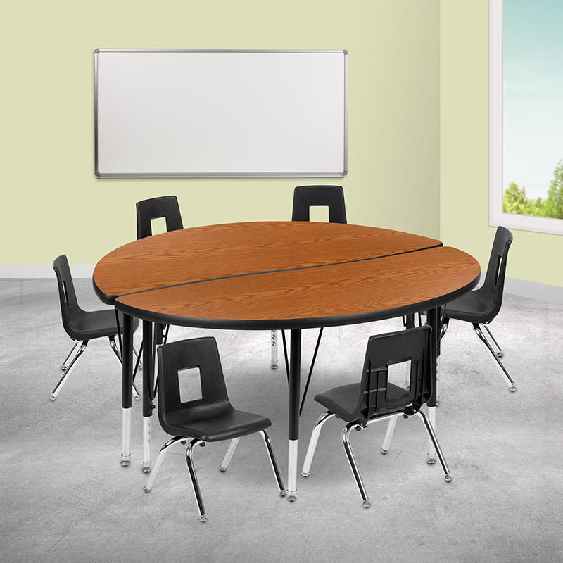 47.5" Circle Wave Activity Table Set with 14" Student Stack Chairs, Oak/Black. Picture 1