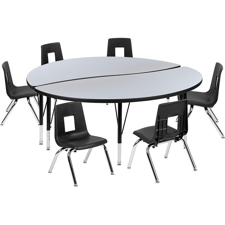 60" Circle Wave Activity Table Set with 14" Student Stack Chairs, Grey/Black. Picture 2