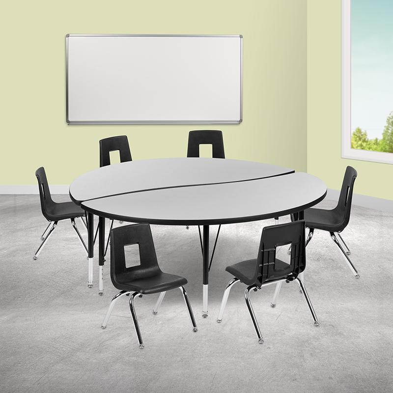 60" Circle Wave Activity Table Set with 14" Student Stack Chairs, Grey/Black. Picture 1