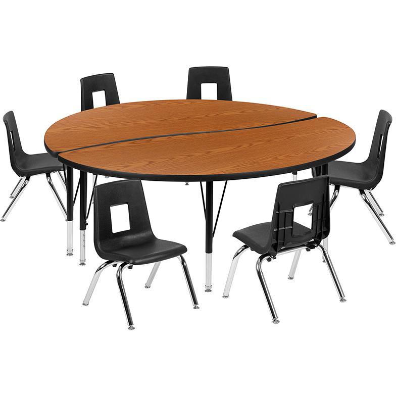 60" Circle Wave Activity Table Set with 14" Student Stack Chairs, Oak/Black. Picture 2