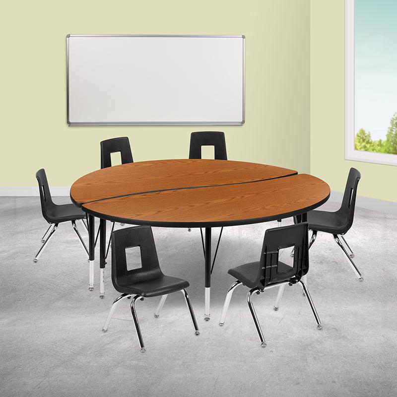 60" Circle Wave Activity Table Set with 14" Student Stack Chairs, Oak/Black. Picture 1