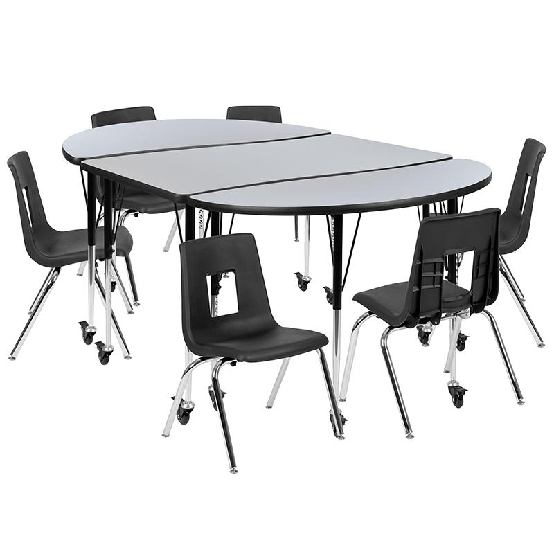 Mobile 76" Wave Activity Table Set with 16" Student Stack Chairs, Grey/Black. Picture 1