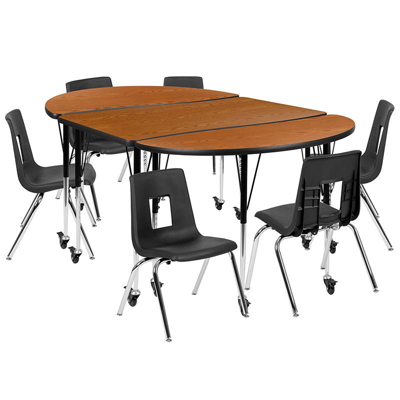 Mobile 76" Oval Wave Activity Table Set with 16" Student Stack Chairs, Oak/Black. Picture 1