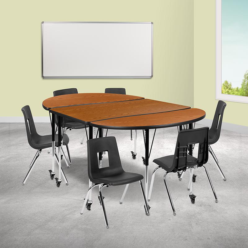 Mobile 76" Oval Wave Activity Table Set with 16" Student Stack Chairs, Oak/Black. Picture 2