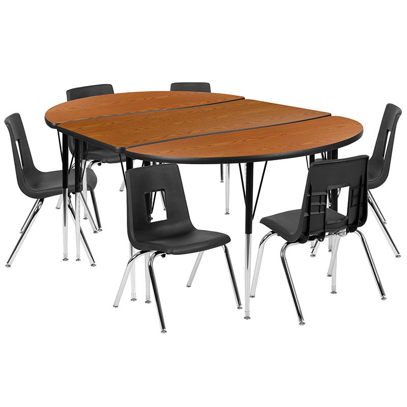 76" Oval Wave Activity Table Set with 16" Student Stack Chairs, Oak/Black. Picture 2