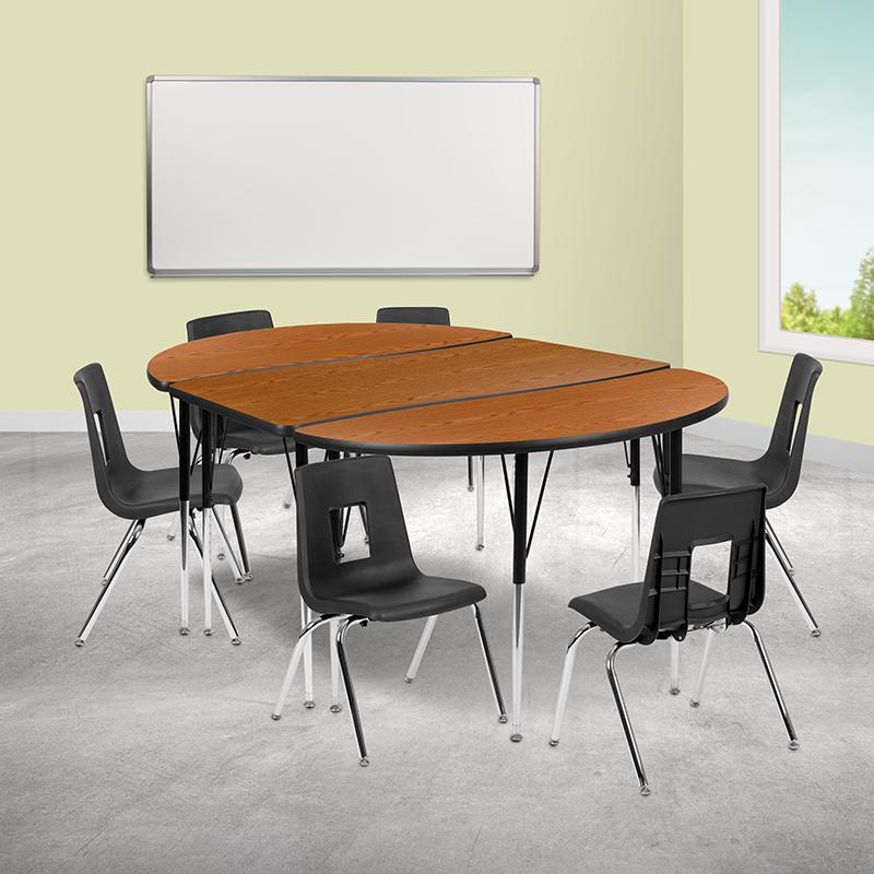 76" Oval Wave Activity Table Set with 16" Student Stack Chairs, Oak/Black. Picture 1