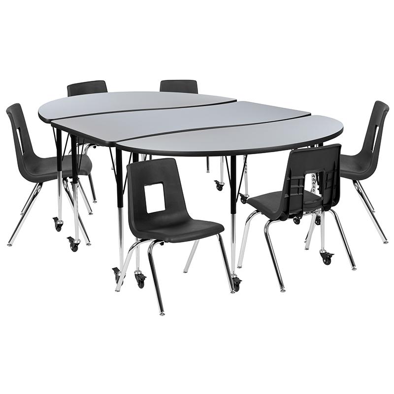 Mobile 86" Wave Activity Table Set with 16" Student Stack Chairs, Grey/Black. Picture 1