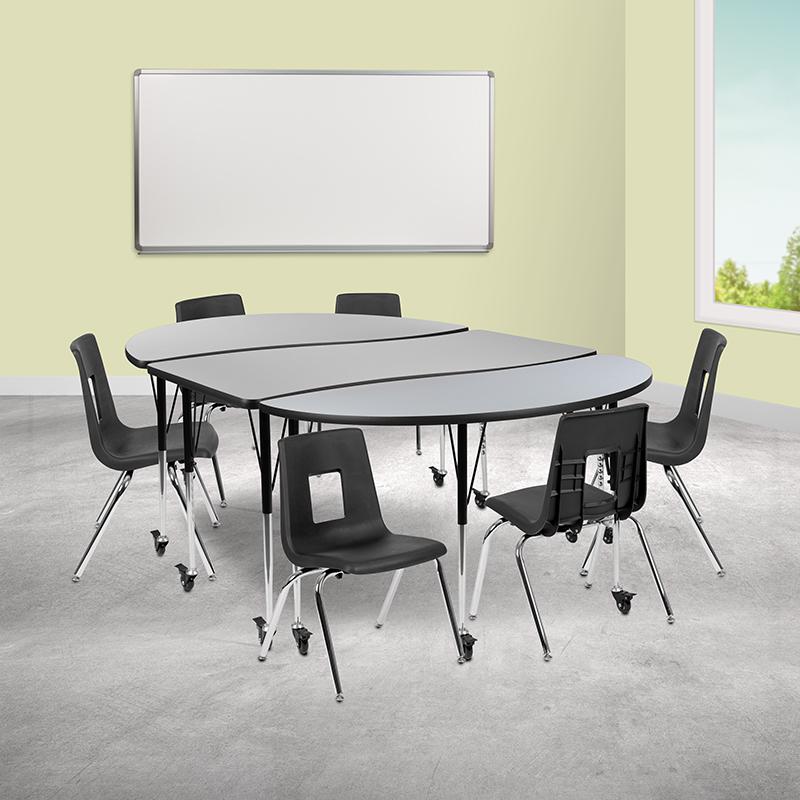 Mobile 86" Wave Activity Table Set with 16" Student Stack Chairs, Grey/Black. Picture 2