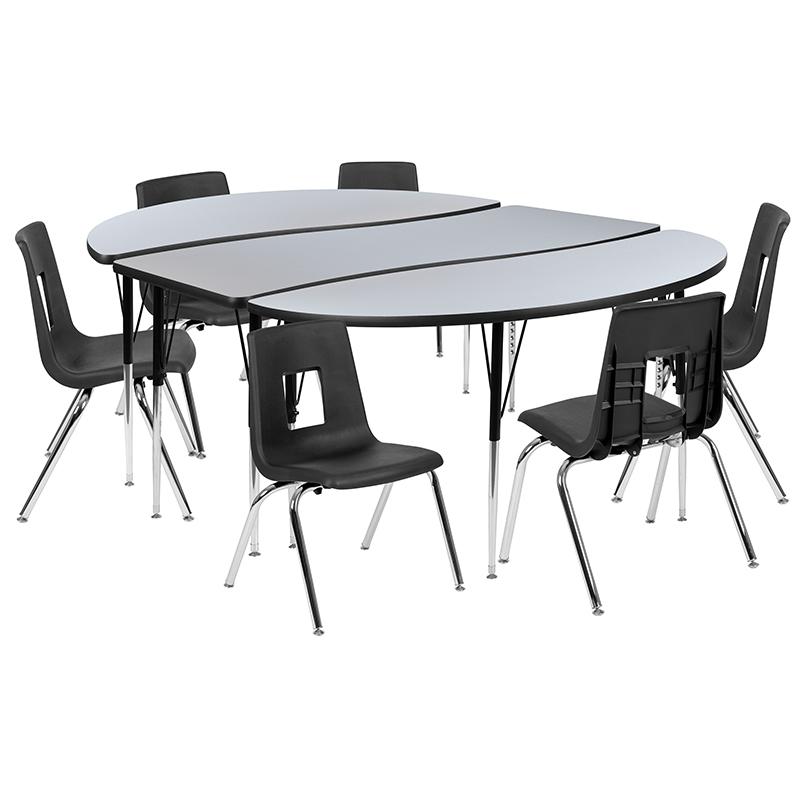 86" Oval Wave Activity Table Set with 16" Student Stack Chairs, Grey/Black. Picture 2