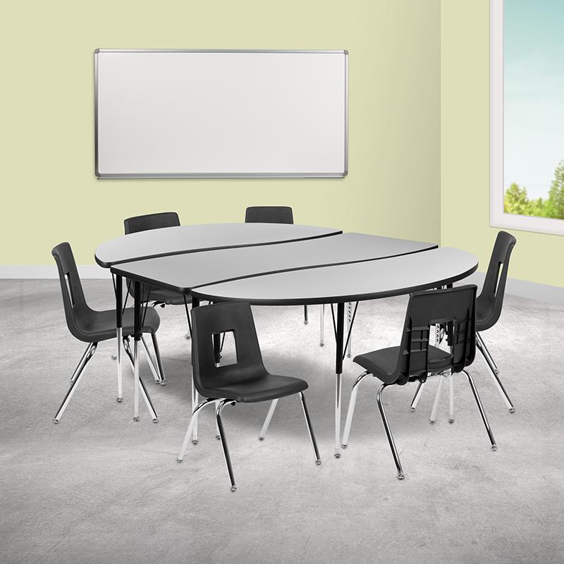86" Oval Wave Activity Table Set with 16" Student Stack Chairs, Grey/Black. Picture 1
