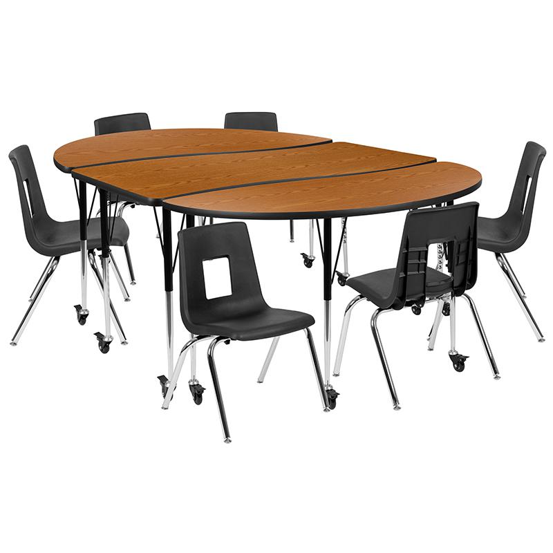 Mobile 86" Oval Wave Activity Table Set with 16" Student Stack Chairs, Oak/Black. Picture 1