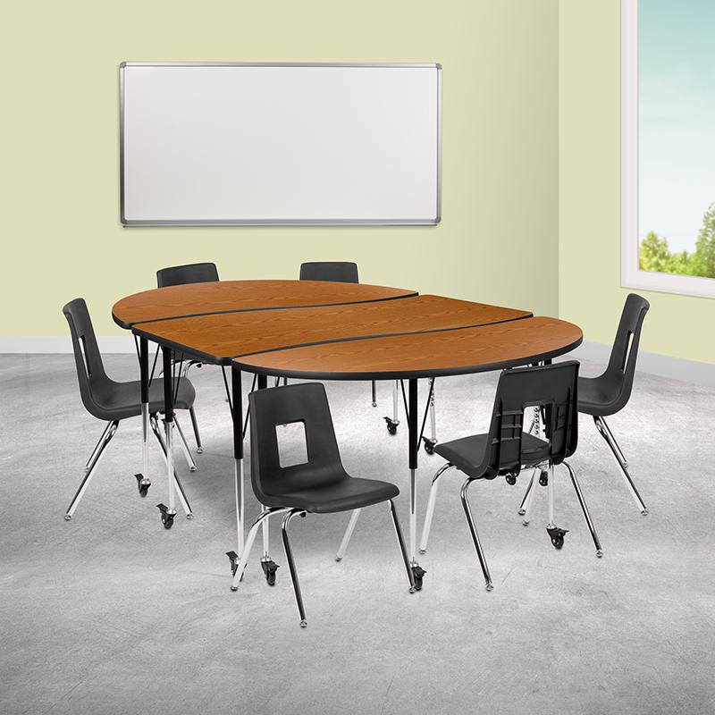 Mobile 86" Oval Wave Activity Table Set with 16" Student Stack Chairs, Oak/Black. Picture 2