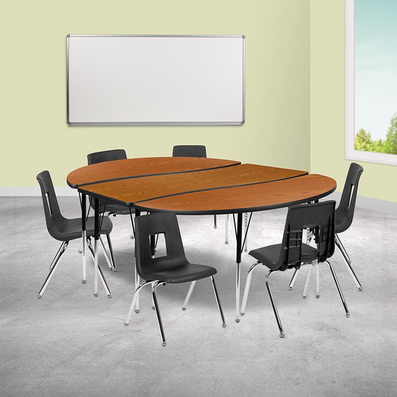 86" Oval Wave Activity Table Set with 16" Student Stack Chairs, Oak/Black. Picture 1