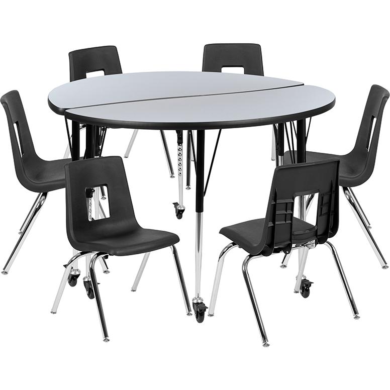 Mobile 47.5" Table Set with 16" Student Stack Chairs, Grey/Black. Picture 1