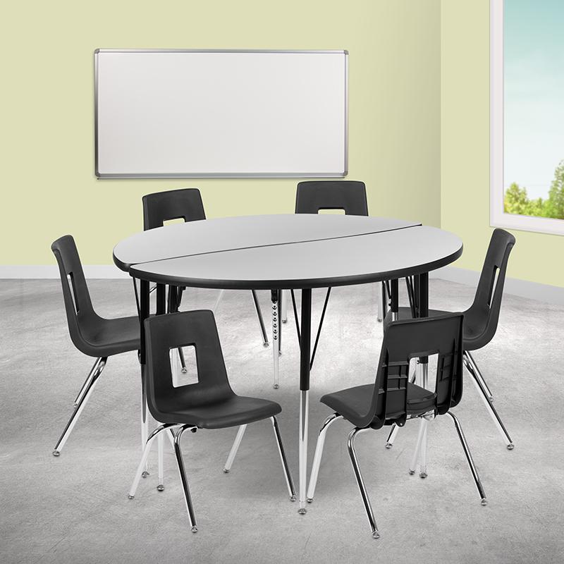 47.5" Circle Wave Activity Table Set with 16" Student Stack Chairs, Grey/Black. Picture 1