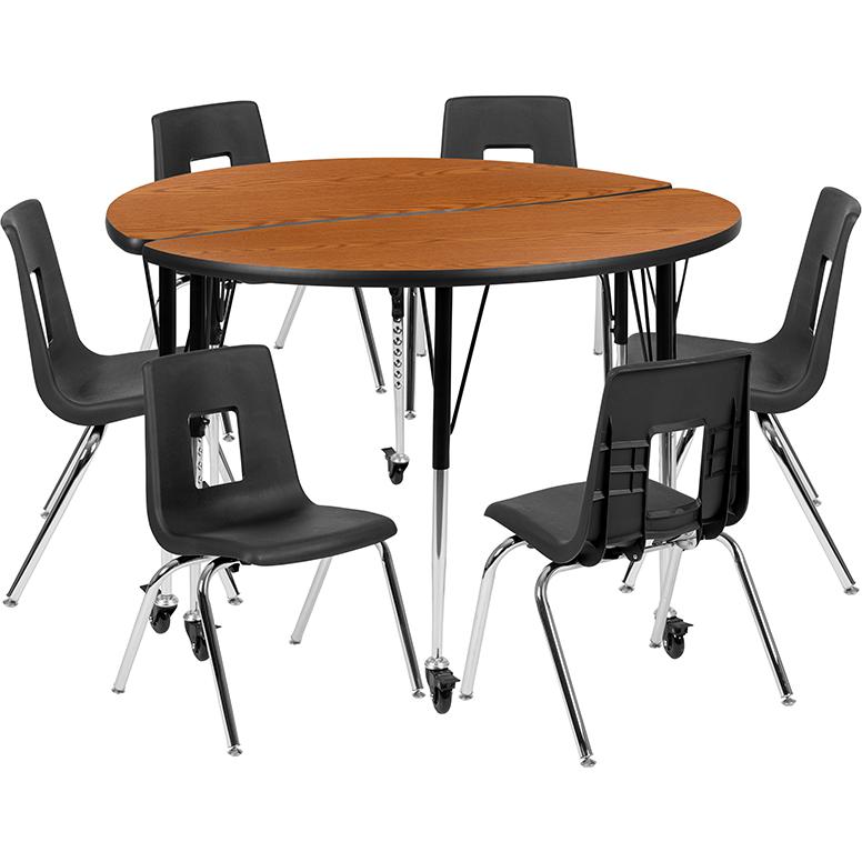 Mobile 47.5" Table Set with 16" Student Stack Chairs, Oak/Black. Picture 1