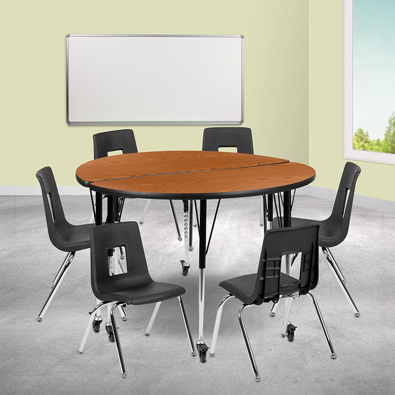 Mobile 47.5" Table Set with 16" Student Stack Chairs, Oak/Black. Picture 2