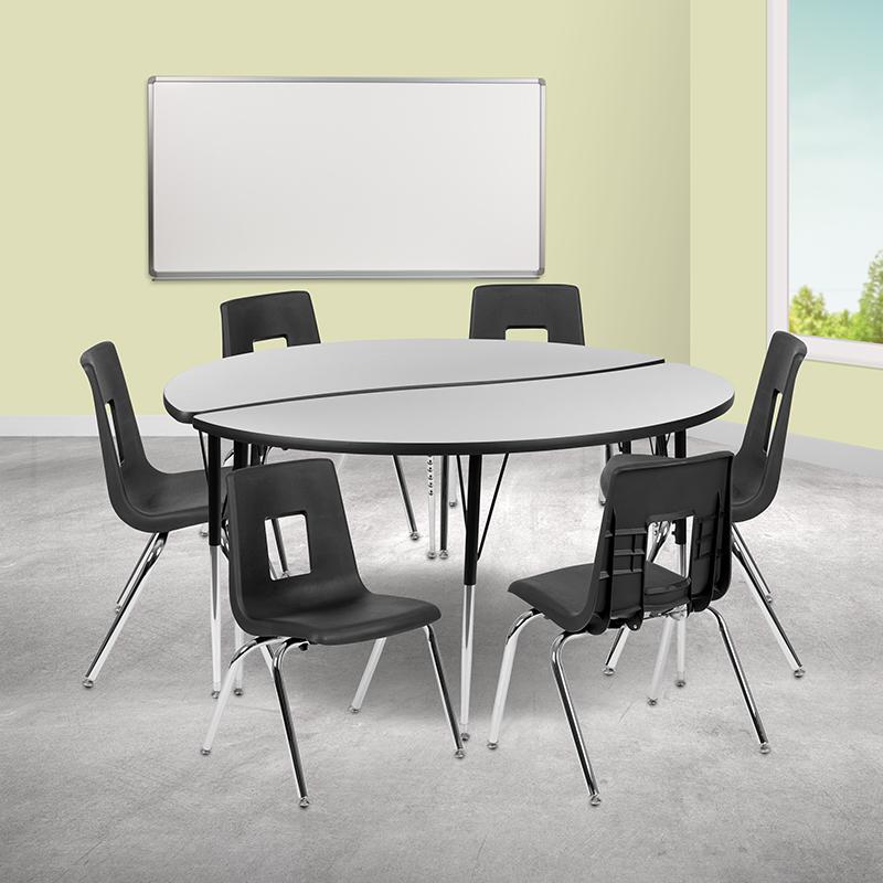 60" Circle Wave Activity Table Set with 16" Student Stack Chairs, Grey/Black. Picture 1