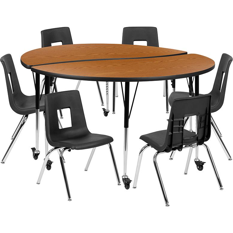Mobile 60" Table Set with 16" Student Stack Chairs, Oak/Black. Picture 1