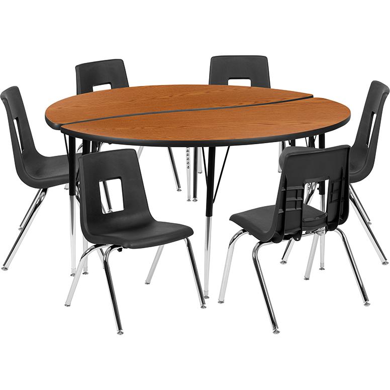 60" Circle Wave Activity Table Set with 16" Student Stack Chairs, Oak/Black. Picture 2