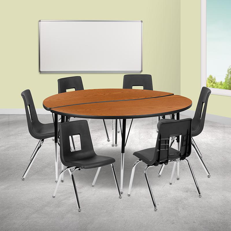 60" Circle Wave Activity Table Set with 16" Student Stack Chairs, Oak/Black. Picture 1