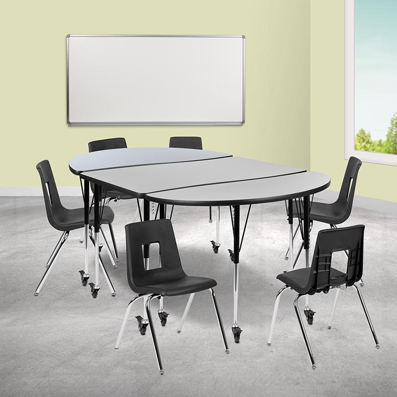 Mobile 76" Wave Activity Table Set with 18" Student Stack Chairs, Grey/Black. Picture 1