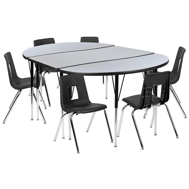 76" Oval Wave Activity Table Set with 18" Student Stack Chairs, Grey/Black. Picture 2