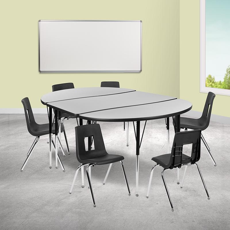76" Oval Wave Activity Table Set with 18" Student Stack Chairs, Grey/Black. Picture 1