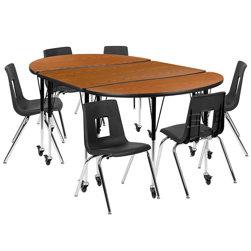 Mobile 76" Oval Wave Activity Table Set with 18" Student Stack Chairs, Oak/Black. Picture 2