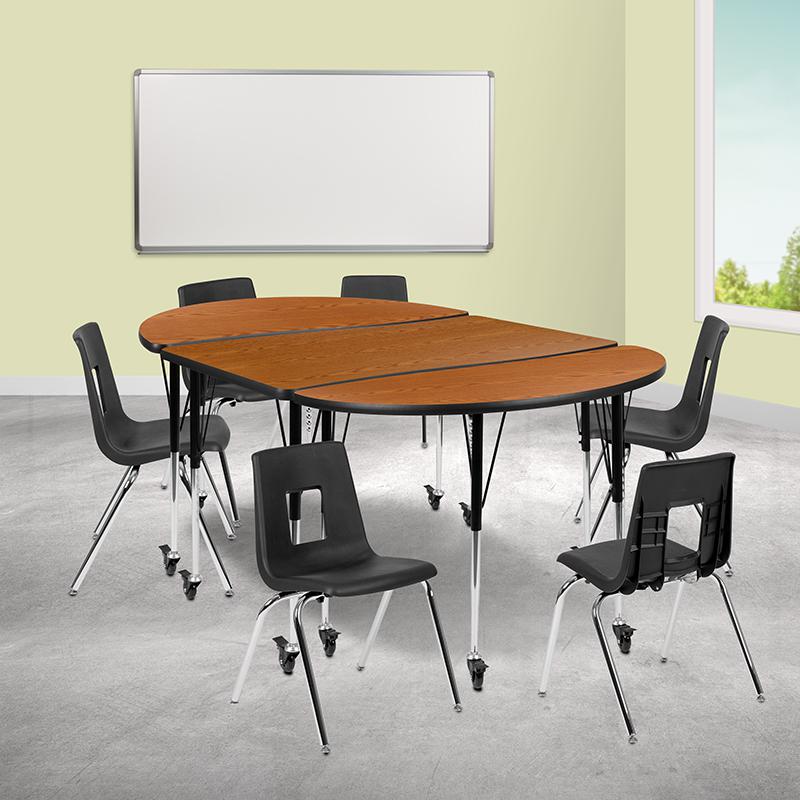 Mobile 76" Oval Wave Activity Table Set with 18" Student Stack Chairs, Oak/Black. Picture 1