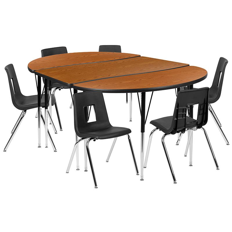 76" Oval Wave Activity Table Set with 18" Student Stack Chairs, Oak/Black. Picture 2