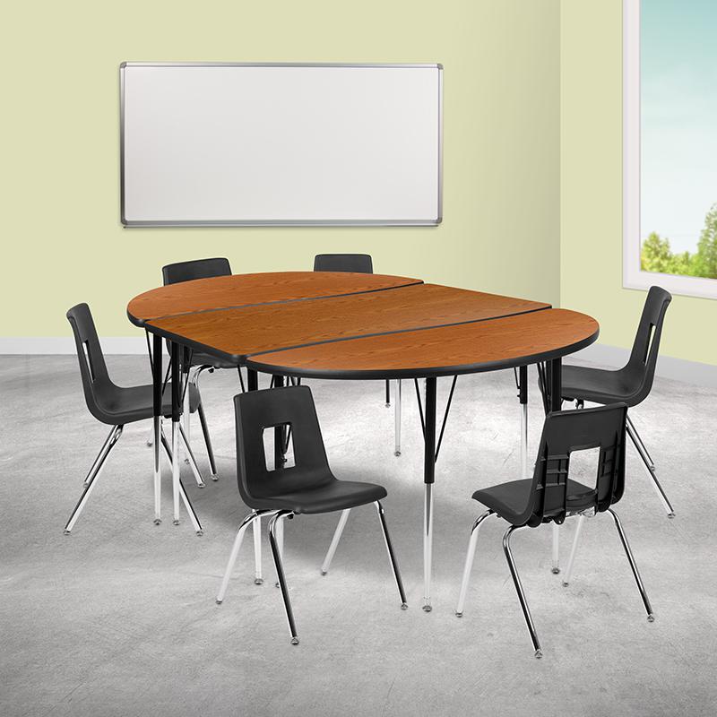 76" Oval Wave Activity Table Set with 18" Student Stack Chairs, Oak/Black. Picture 1