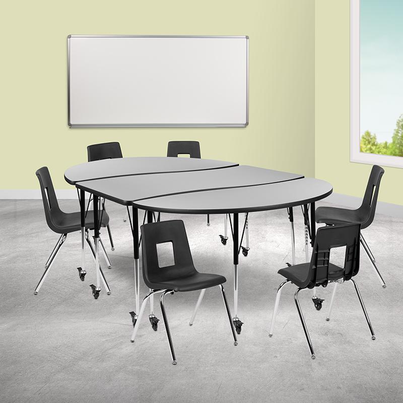 Mobile 86" Wave Activity Table Set with 18" Student Stack Chairs, Grey/Black. Picture 1
