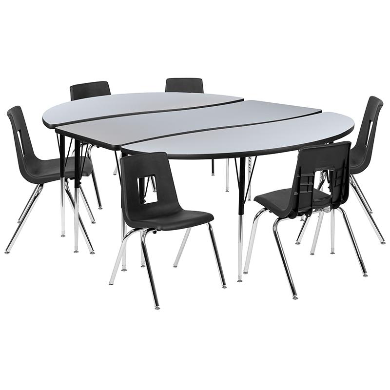 86" Oval Wave Activity Table Set with 18" Student Stack Chairs, Grey/Black. Picture 2