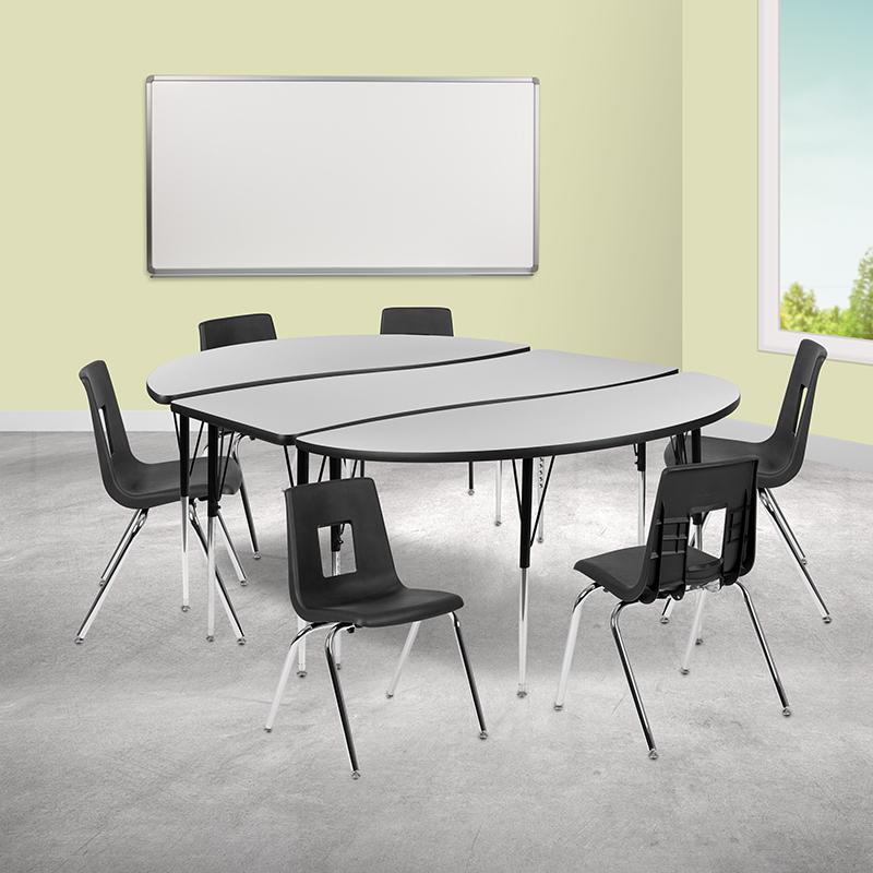 86" Oval Wave Activity Table Set with 18" Student Stack Chairs, Grey/Black. Picture 1