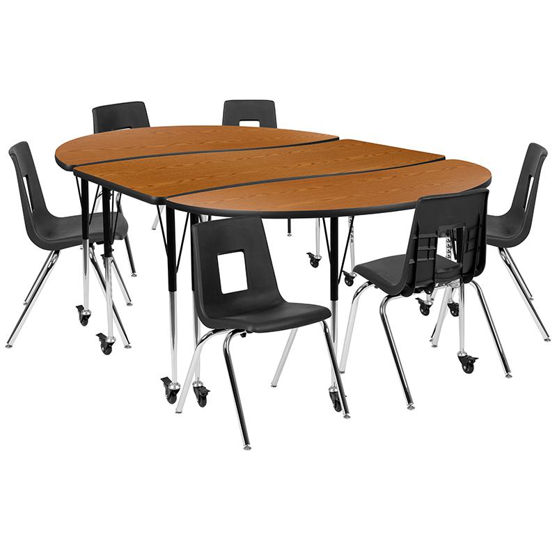 Mobile 86" Oval Wave Activity Table Set with 18" Student Stack Chairs, Oak/Black. Picture 2