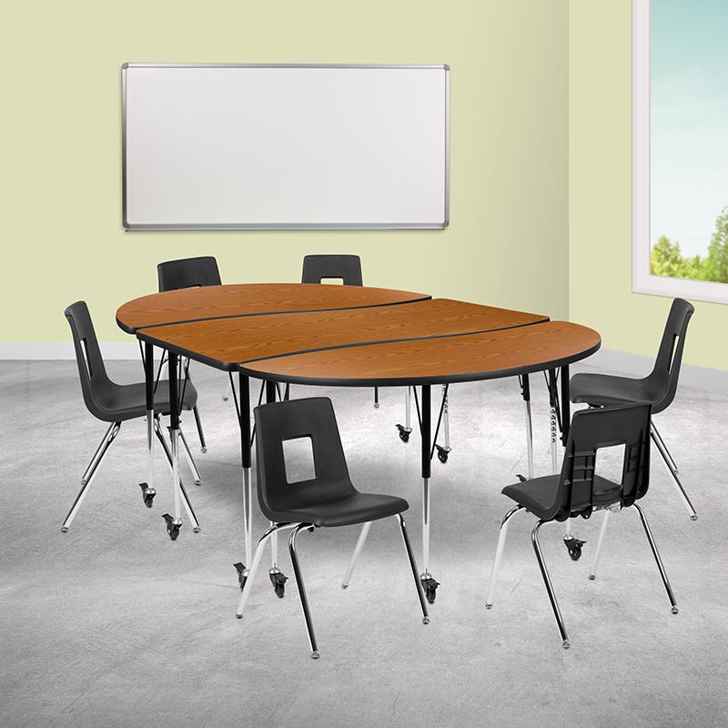Mobile 86" Oval Wave Activity Table Set with 18" Student Stack Chairs, Oak/Black. Picture 1
