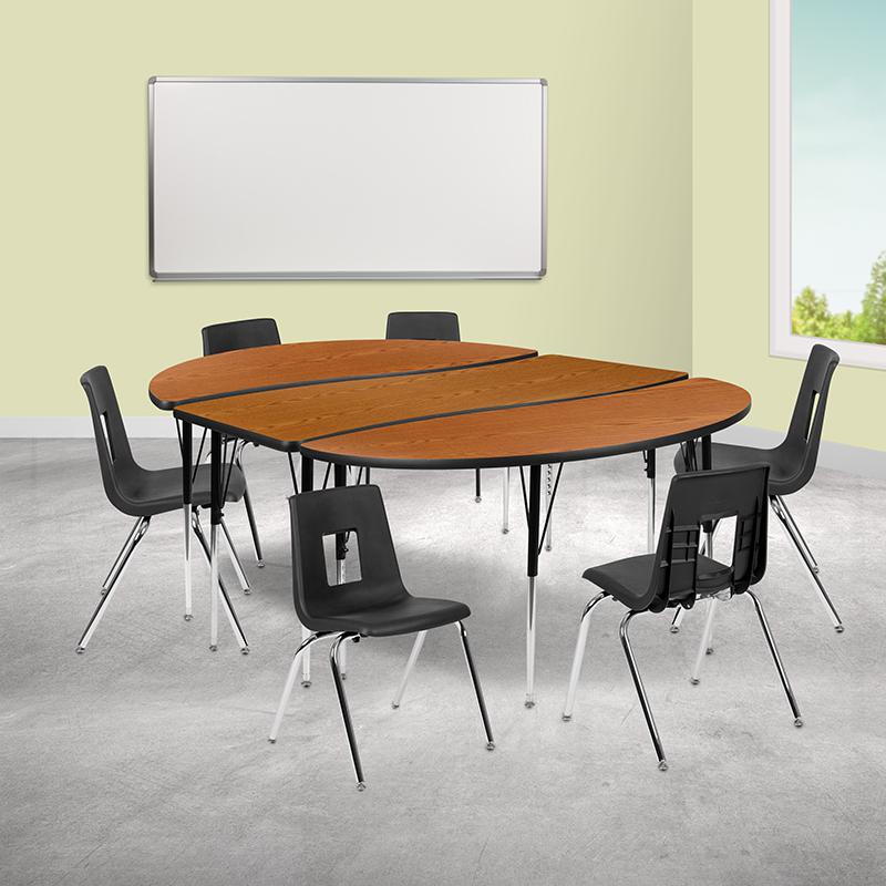 86" Oval Wave Activity Table Set with 18" Student Stack Chairs, Oak/Black. Picture 1