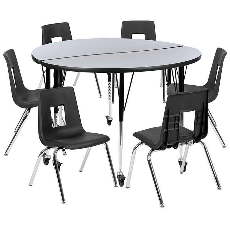 Mobile 47.5" Table Set with 18" Student Stack Chairs, Grey/Black. Picture 2