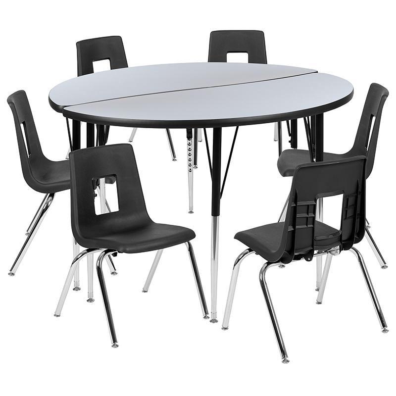 47.5" Circle Wave Collaborative Laminate Activity Table Set with 18" Student Stack Chairs, Grey/Black. Picture 2