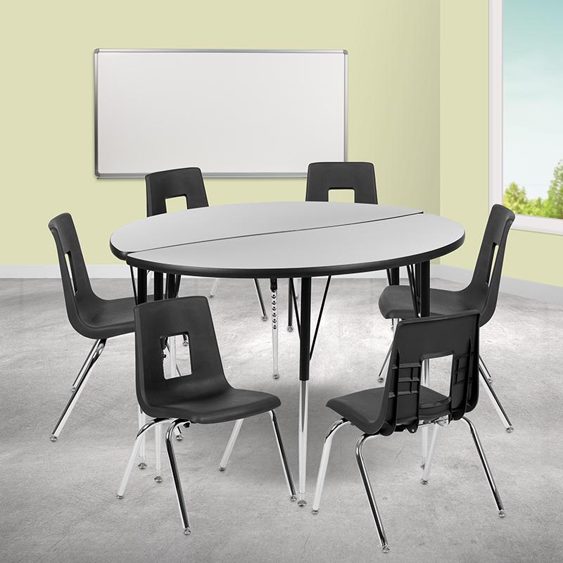 47.5" Circle Wave Collaborative Laminate Activity Table Set with 18" Student Stack Chairs, Grey/Black. Picture 1