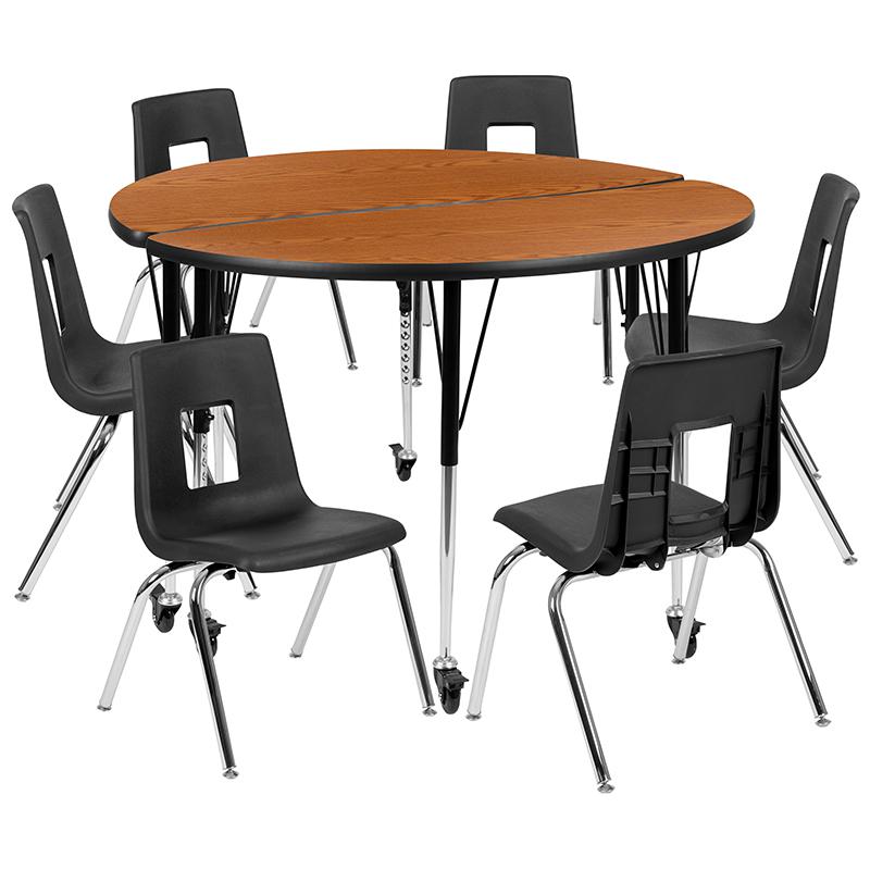 Mobile 47.5" Table Set with 18" Student Stack Chairs, Oak/Black. Picture 2