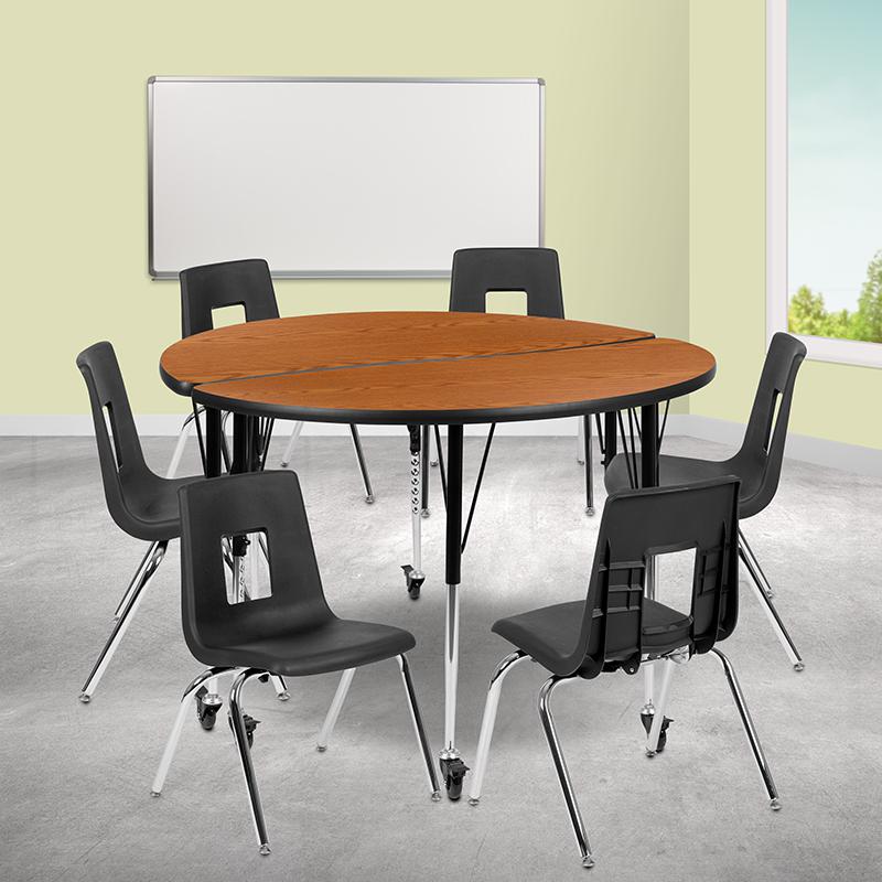 Mobile 47.5" Table Set with 18" Student Stack Chairs, Oak/Black. Picture 1