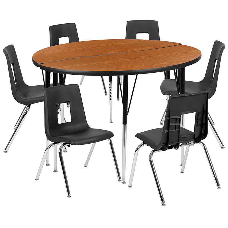 47.5" Circle Wave Activity Table Set with 18" Student Stack Chairs, Oak/Black. Picture 2