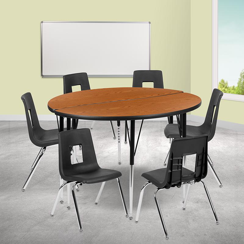 47.5" Circle Wave Activity Table Set with 18" Student Stack Chairs, Oak/Black. Picture 1