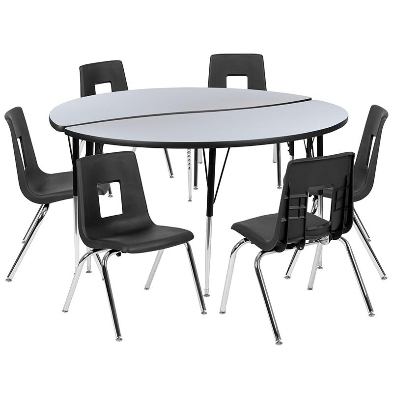 60" Circle Wave Activity Table Set with 18" Student Stack Chairs, Grey/Black. Picture 2